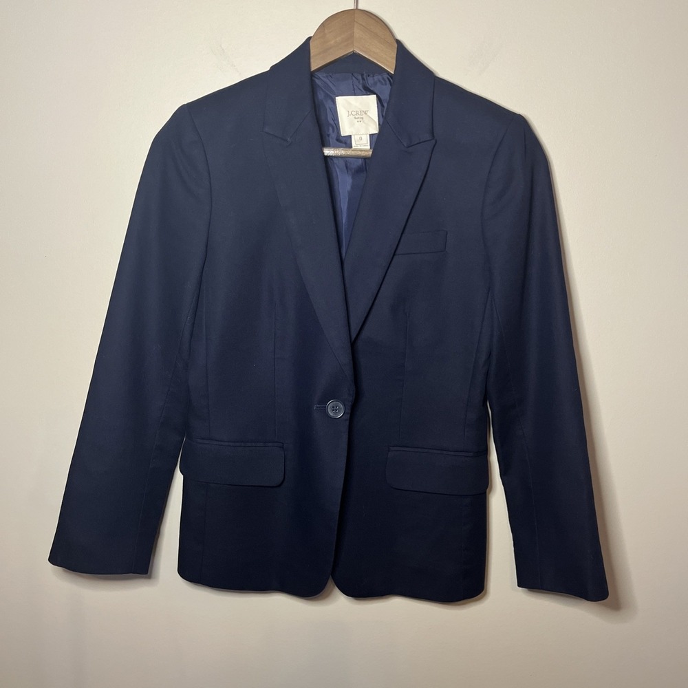 J. Crew Suiting Single Button Navy Blue Blazer 100% Cotton Sz 0 Career Academia